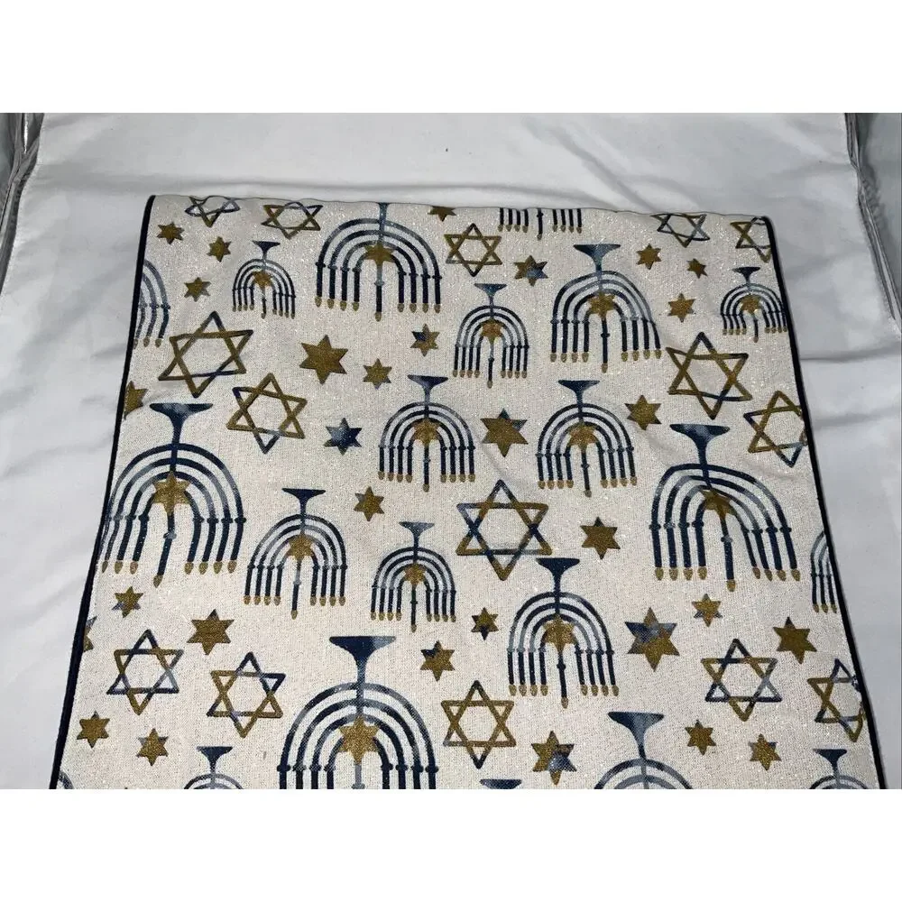 NEW HANUKKAH TABLE RUNNER 16x72” STAR OF DAVID MENORAH GOLD BLUE METALLIC